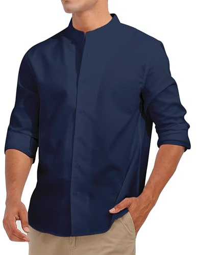 Fanient Camisa de Lino para Hombre Camisa de Lino de Manga Larga con Cuello Alto Camisa de Ocio Camisa Casual de Verano con Cuello Alto L