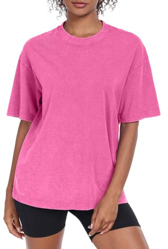 Oversized t-shirt för kvinnor rund hals kortärmade toppar casual lös basic sommar t-shirts skjortor blus, ROSA, XL