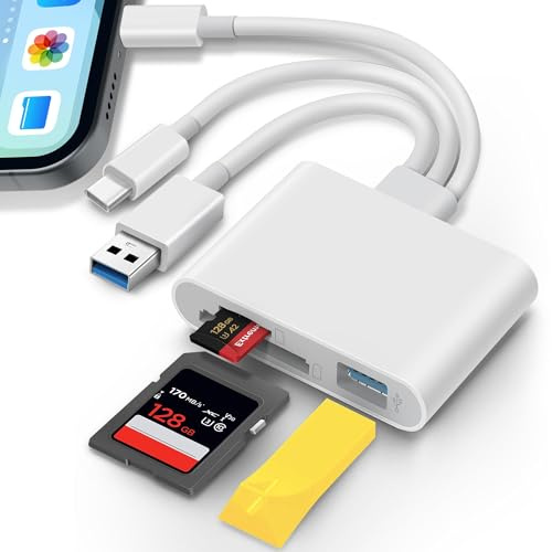 SD Card Reader for iPhone iPad Laptop 3-in-1 Connectors Memory Card Adapter with Dual Slots & USB Port Trail Game Camera Viewer for iPhone Mac MacBook Android Laptop White