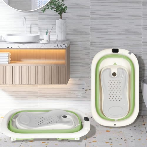 Bañera Bebé, Bañera Portátil con taburete, Bañera Plegable Bebé Antideslizante - Bañeras Bebés Apta para Bebé Recién Nacido, Antideslizante y Cómodo (Verde, B-43 * 71 * 18.5cm)