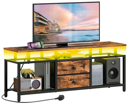 YATINEY TV Cabinet Stand, for TVs up to 45, TV Cabinet with Charging Station and LED Lights, Entertainment Center with Drawers and Storage Shelving, for Living Room, Bedroom, XDS03KDBR
