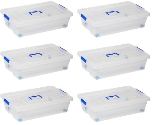 AC - Pack de 6 cajas de almacenamiento con ruedas Nº 2 - Plástico - Contenedor, guardar ropa, mantas, libros - Fabricado en España - 30 L - 59 x 39 x 16 cm – Transparente