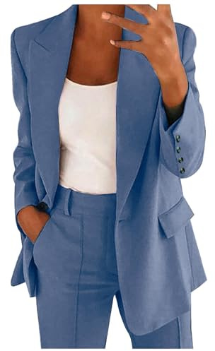 Conjunto de Traje Talla Grande, Trajes de 2 Piezas para Mujer Elegante, Chaqueta de Manga Larga con Bolsillos Blazer y Pantalones Corte Ajustado Color Sólido Elástico Trabajo Oficina