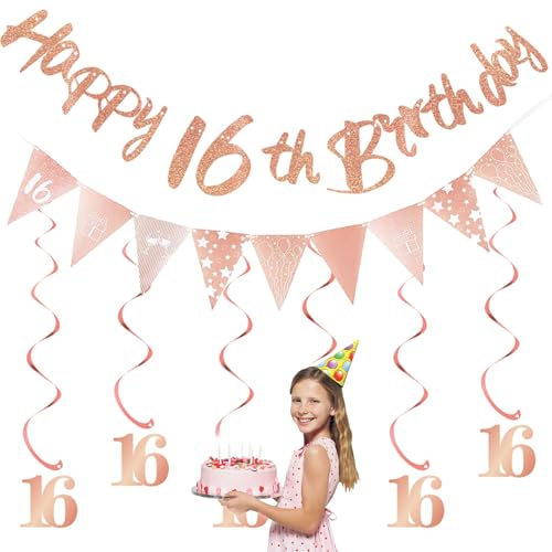 Deko 16. Geburtstag Mädchen Junge,16 Geburtstag Deko,Happy Birthday Banner Luftschlangen,Rosegold Geburtstagsdeko 16 Jahre Geburtstag Girlande Spiralen,Geburtstagsbanner Wimpel für Party Hintergrund
