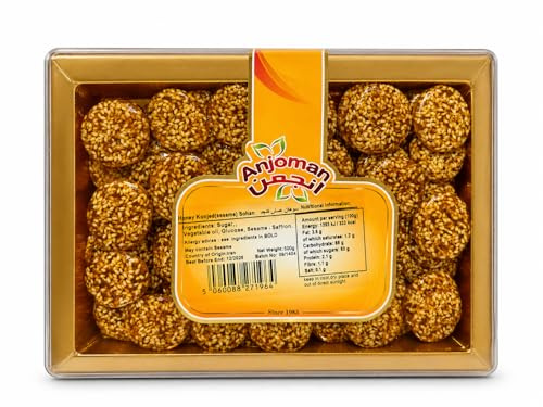 Anjoman Honey Sesame Sohan 500g – Premium Crunchy Honey Sesame Brittle – Traditional Thin Toffee Candy – Sweet Sesame Snap & Tea Biscuit Alternative – 500g Gift Box