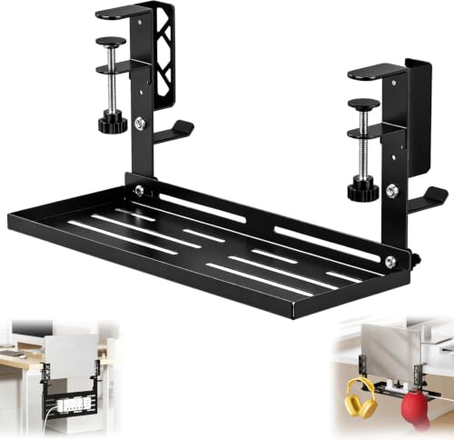 Bandeja Organizador Cables Escritorio sin Taladrar con Ganchos, Soporte Cables Escritorio Ajustable para Regleta y Portátil, Recoge Cables Metálico con Almohadillas Protectoras, 40x15x19cm