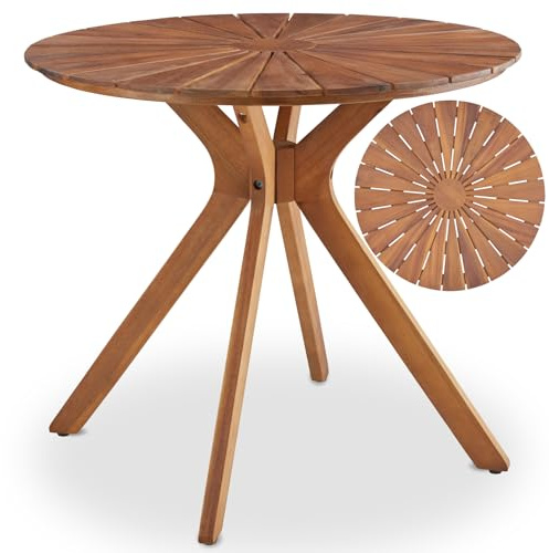 tectake® Table de Jardin Ronde Ø70 x 62 cm, Résistante aux intempéries, Table extérieure en Bois d'acacia, Plateau en Forme de Soleil, Piètement en X, Pieds réglables en Hauteur, Mobilier de Jardin