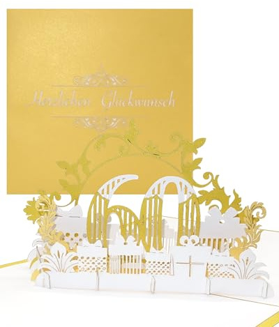 Pop Up Karte „60 - zum 60. Geburtstag & Diamanthochzeit - 3D Karte zur Diamantenen Hochzeit, 3D Geburtstagskarte, Glückwunschkarte Jubiläum