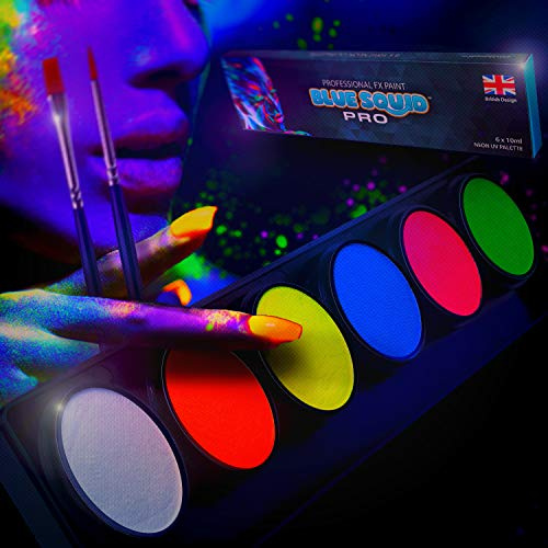 Neon UV Licht Schminke Schwarzlicht Pro Neon Glow Bodypaint Farbe-Palette - 6x10g Neonfarbpalette, Professionelles UV-Schwarzlicht-Set für Körper- und Face Paint, SFX-Schminke - Blue Squid