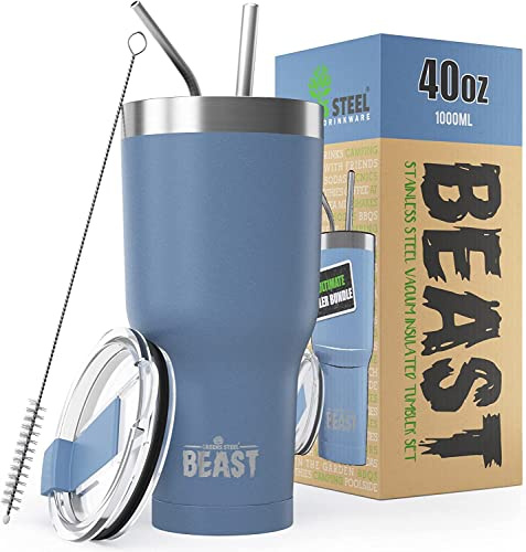 Beast Tumbler - 1050 ml (40 oz), Blue | Reusable Stainless Steel, Vacuum Insulated Cup | with + 2 Straws & Cleaning Brush | Double Wall Travel Flask Perfect for Hot or Iced Coffee | BPA Free