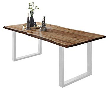SAM Esszimmertisch 220x100 cm ULM, Baumkantentisch naturfarben, Akazienholz massiv, U-Gestell aus Metall weiß