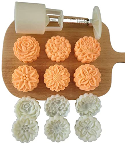 MinLia Mid-Autumn Festival Moon Cake Mould DIY Pastry Tool, Hand-Pressure Mooncake Molds Cake Plungers, Round Flower Mooncake Mould Kitchen Gadgets(F)