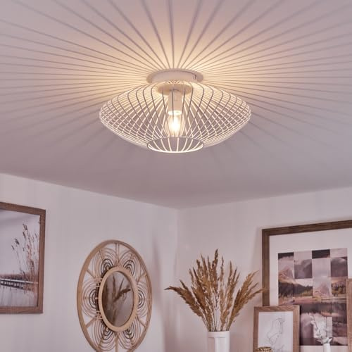 HOFSTEIN Deckenleuchte Wemude, runde Deckenlampe aus Metall in Weiß, 1-flammige Retro Gitterlampe mit Spannendem Lichteffekt - E27 Fassung, Rasterleuchte für Esszimmer, Küche, Schlafzimmer - Ø 40 cm