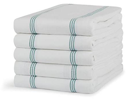 100% Cotton Tea Towel - Teal Pin Stripe Pattern, Pack of 5 | Kitchen Towel Set | Absorbent, Strong, Quick Dry & Machine Washable | Home & Bathroom Accessories