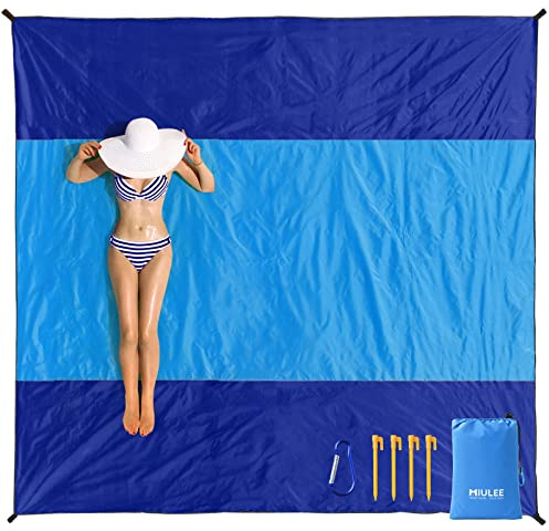 MIULEE Beach Blanket Waterproof Sandproof, Extra Large 110 x 114 Beach Mat Oversized for 5-8 Adults, Portable Lightweight Outdoor Blanket with 4 Corner Pockets for Hiking, Picnic, Travel, Camping