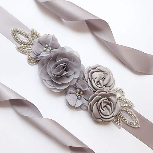 Herbests Strass Hochzeit Gürtel Perlen Braut Gürtel Brautgürtel Rose Blume Hochzeitskleid Kette Taillenkette Kristall Perlen Braut Sash Schärpe für Brautjungfernkleider Ballkleid Abendkleider,Grau