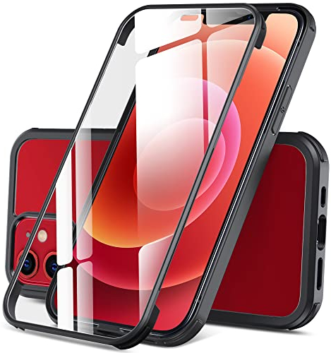 DOSNTO Doppelseitig Durchsichtig Hülle für iPhone 12 Mini (5.4''), 360 Grad Ganzkörper Stoßfeste Fallschutz Transparent Handyhülle Eingebauter Gehärtetem Glas Displayschutzfolie, Schwarz