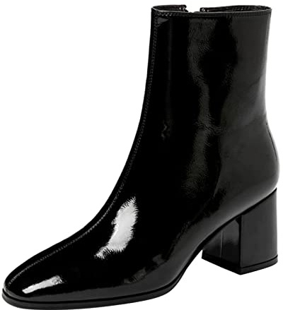 Woaikeyu Bottines Femme Talon Moyen Zipper Retro Courtes Bottes en Cuir Verni Mode Boots pour Femmes Fermeture Éclair Tête Pointu Chaussons（Le Noir 38）&821