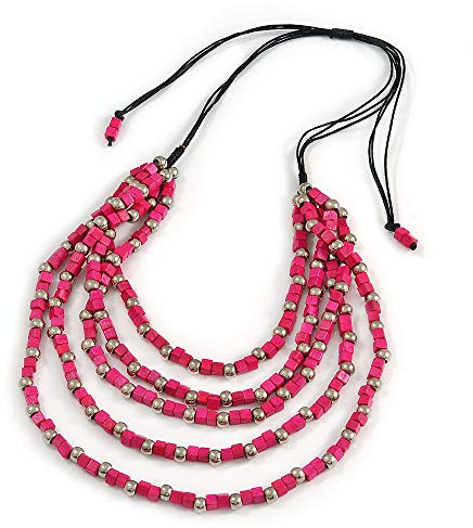 Avalaya Collana multifilo con perline in legno fucsia e cordoncino di cotone nero, 60 cm/80 cm, regolabile