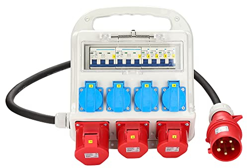 Jiubiaz Stromverteiler Baustromverteiler 5 Polig IP44 Schutzkontaktsteckdosen Wandverteiler，2 x CEE 16A 400V+1 x CEE 32A 400V+4 x 230V Schuko
