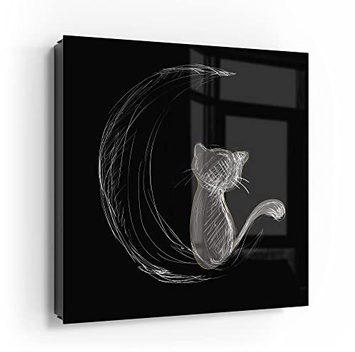 DEQORI Schlüsselkasten schwarz | 30x30 cm | Motiv Die Katze und der Mond | Glas & Metall Schlüssel-Box | Schlüsselschrank mit 50 Haken + 2 Magnete | Moderne Box magnetisch & beschreibbar