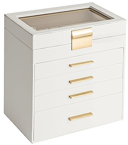 Somduy Jewelry Box, 5 Layers Jewelry Storage Display Box with Glass Lid for Women, 4 Drawers,Large Capacity for Necklace Earrings Bracelets Rings,White
