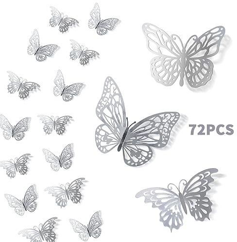 72PCS 3D Silver Butterfly Wall Decor, 3 Styles 3 Sizes, Removable Butterfly Wall Stickers Decorations for Room, Party, Birthday, Wedding, Cakes, DIY Gift