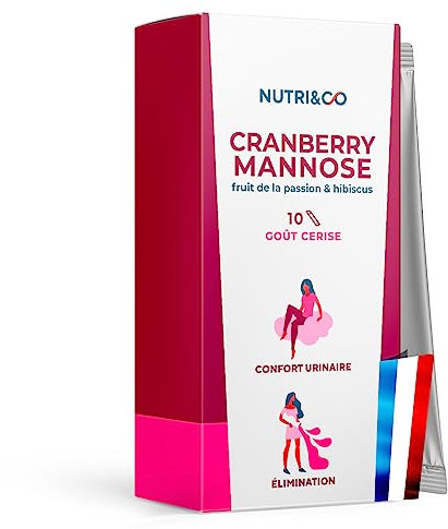 NUTRI & CO Cranberry + D-Mannose + Hibiscus - Inconfort Urinaire Flore Intime - Cure Naturelle de 5 jrs - 10 Sticks Pratiques et Discrets au Dosage Efficace - Poudre Arôme Cerise - Fabriqué en France