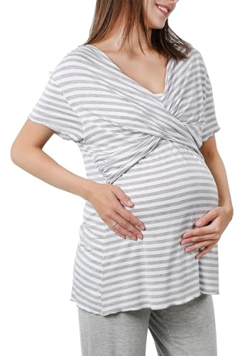 OCCIENTEC Separata mammapyjamas för kvinnor, randig amningströja med V-ringning och mammabyxor med justerbar linning, ljusgrå ss, L