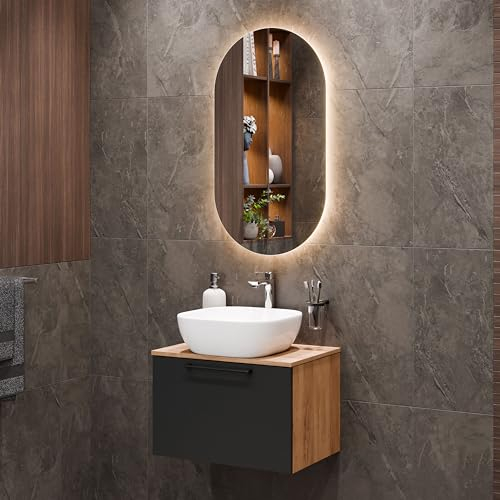 Planetmöbel Astra - Mobile da bagno, 60 cm, colore: oro, rovere antracite, 42 cm, bianco