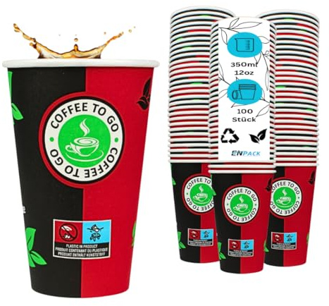 Enpack 100 Schwarz/Rote Pappbecher 300 ml aus Kraftpapier - Kaffeebecher to go zum servieren von Tee, Kaffee, Glühwein oder anderen Getränken - Coffee To Go Becher