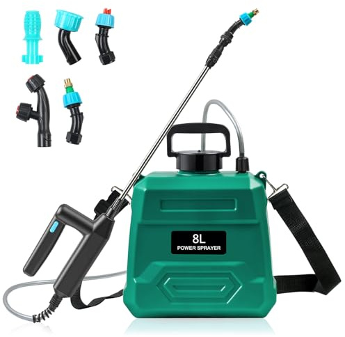 MaxAwe 8L Akku Drucksprüher, Elektrischer Gartensprüher mit 5 Düsen | 2000mAh Akku, USB-Ladegriff, 23,6 inch Teleskoplanze & Schultergurt für Pflanzenpflege, Gartenbewässerung und Reinigung