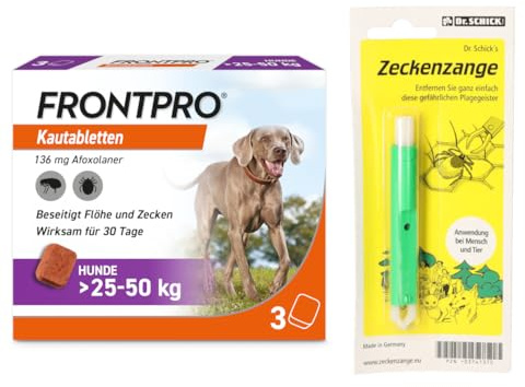 FRONTPRO Kautabletten für Hunde 25-50 kg 3-Monats-Packung zum Schutz gegen Zecken und Flöhe mit Zeckenzange: Schützt bis zu 3 Monate