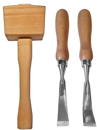 J&J Mallet Upholstery Tools, Wooden Mallet, Chisel Set, Camping Mallet Nail Hammer Woodworking, Straight and Bent Chisel Staple Remover, Carpet Fitting Tool Kit and Carpentry Basic Hand Tools Kit