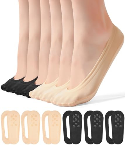 FAYBOX 6 Pairs No Show Socks Womens Ultra Low Cut Nylon Thin Socks for Flat Invisible Non Slip Liner Footies Size 6-8