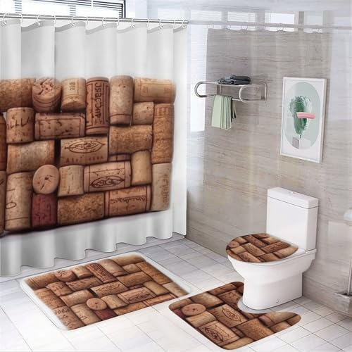 LXTDPBK 4-teiliges Weinkork-Duschvorhang-Set mit Teppichen, WC-Deckelbezug, Badematte für moderne Badezimmer-Dekoration, wasserdichtes Badzubehör mit 12 Haken, 183 x 183 cm