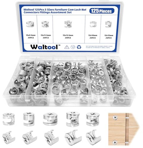 Waltool 125Pcs 3 in 1 Furniture Connecting Cam Lock kit, Eccentric Wheels Bolt Fittings Fasteners Hardware Parts Nut & Bolt Assortment Set for Cabinet Drawer (15*9.5/15*11.5/15*13.5/12*10/12*12mm)