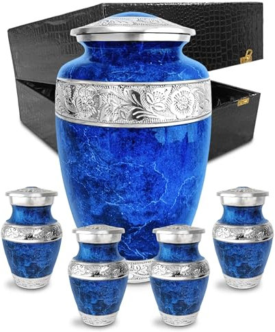 Everlight Memorials Blauer Marmor Erwachsene Einäscherungsurne mit 4 Andenken – dekorative Urne für erwachsene Männer und Frauen – Begräbnisurne für menschliche Asche