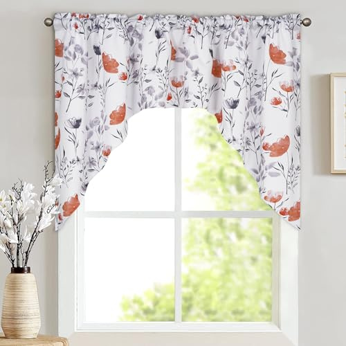 Likiyol Floral Swag Curtains Watercolor Flower Leaves for Kitchen Swag Curtain, Orange and Gray Swag Valances, Rod Pocket Small Window Curtain for Cafe Bathroom Bedroom Drapes