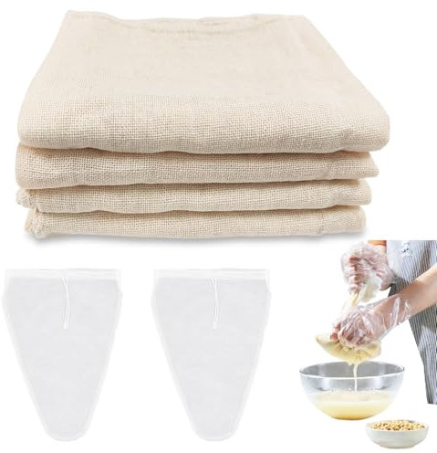 ZOCONE 4 Stück Baumwolle Passiertücher Waschbar und 2 Stück Nussmilchbeutel Nylon, 50x50cm Passiertuch Wiederverwendbar Seihtuch Küchen Leinentuch Dünn Cheesecloth Abseihtuch zum Sieben von Saft Käse