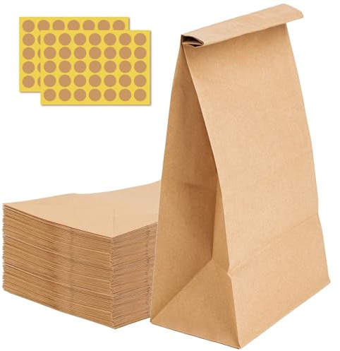 XIDOU 60 Papiertüten mit Aufklebern, 9 * 5.5 * 18cm | Braune Kraftpapier-Bodenbeutel mit gleich vielen Verschlussaufklebern; für Geschenke, Mitgebsel, DIY und Adventskalen