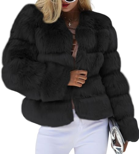 loveimgs Women Warm Fluffy Cropped Puffer Jacket Faux Fur Coat Crop Parka Collarless Winter Teddy Bear Coat Overcoat, Black, Small