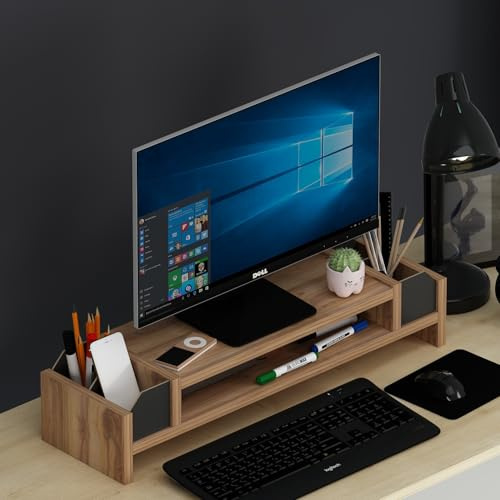 Homidea CINAR Monitorständer - Veranstalter - Zusatzablage - Bildschirmerhöhung für Schreibtisch (CINAR - Walnuss / Schwarz)