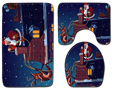 Bad Teppiche Set Dunkelblaue Weihnachten Badezimmerteppich Waschbar WC Vorleger mit Ausschnitt und WC Deckelbezug 3 Teilig Badematte rutschfest Toilettensitzbezug Badgarnitur 50x80 cm
