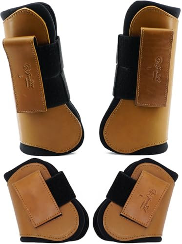 Jeereal Gamaschen für Pferdesehnen, vorne offen, Schutzausrüstung und Trainingsausrüstung, Neopren, atmungsaktives, wasserdichtes Gewebe und echtes Leder, 4er-Set, Braun, Pony (klein)