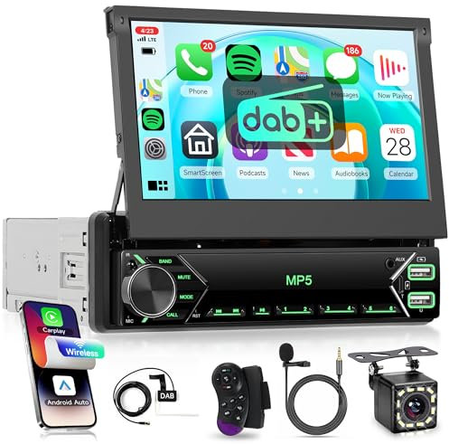 Wireless Carplay Autoradio 1 Din mit DAB+/DAB Adapter Android Auto 7 Zoll Automatisch Einziehbarer Bildschirm Autoradio mit Mirror Link Bluetooth FM Radio DAB/USB/AUX Lenkradsteuerung Rückfahrkamera