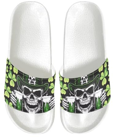Jrysaedy St. Patrick'S Day Skull Beer Pattern Sandals for Men's Slippers Slides Summer House Shoes Indoor Outdoor Beach Hotel Anti-Skid Slippers（White Sole）