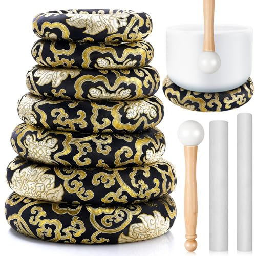 Fiada 10 Pcs Singing Bowl Cushion Set 7 Silk Cloth O Ring with 3 Crystal Singing Bowl Mallet Include Solid and Hollow Stick Wood Handle Rubber Mallet for 6-12 Tibetan Sound Meditation (Black Gold)