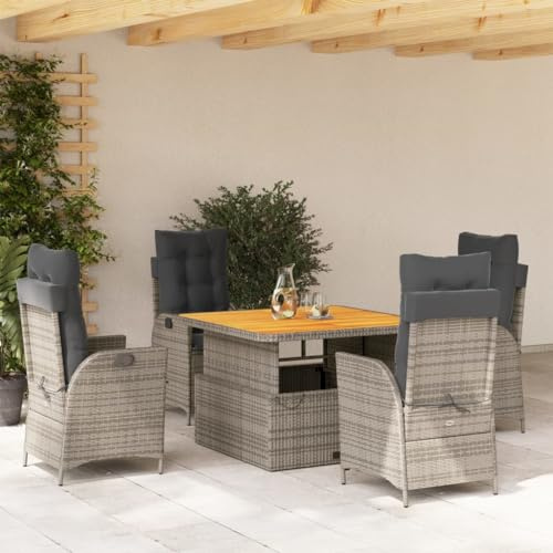 IKAYAA Rattan Essgruppe für 4 Personen, Rattan Gartenmöbel Essgruppe, Gartenmöbel Set mit Verstellbare Tisch und 4 Verstellbare Hochlehner Stühlen, Garten Sitzgruppe inkl. Sitzkissen Grau