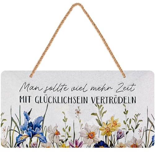 LANOLU Retro Blechschilder ZEIT MIT GLÜCKLICHSEIN- vintage Metallschilder mit Sprüchen als Wanddeko für Küche und Garten - Shabby Chic Deko inkl. Jutekordel 16x32cm